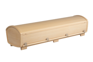 En sluten ljusbrun träkista med handtag på sidorna.